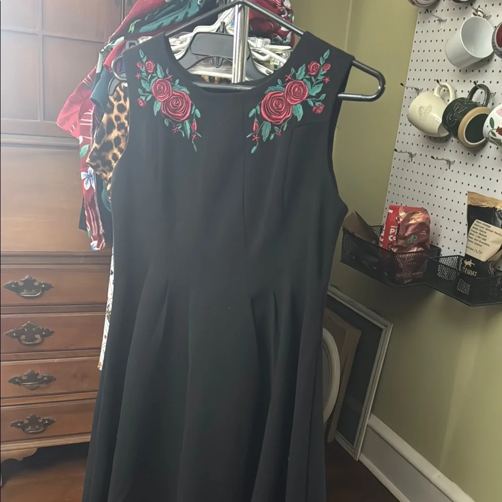 Hell Bunny Black Dress with Red Floral Embroidery - Picture 1 of 5